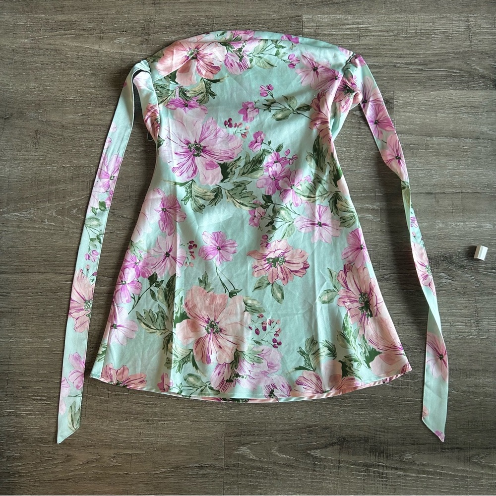 Isabelle’s Cabinet Mint Blue Floral Mini Dress Strapless Satin Mini tie back